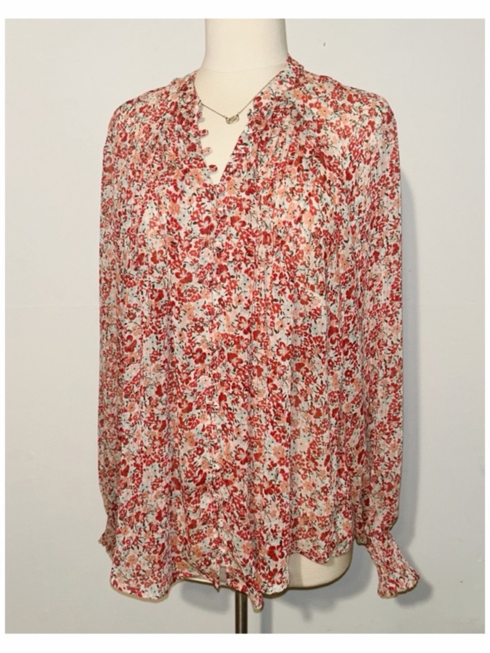 Floral Shimmer Rust Orange -White Sheer V-Neck Blouse Torrid 00